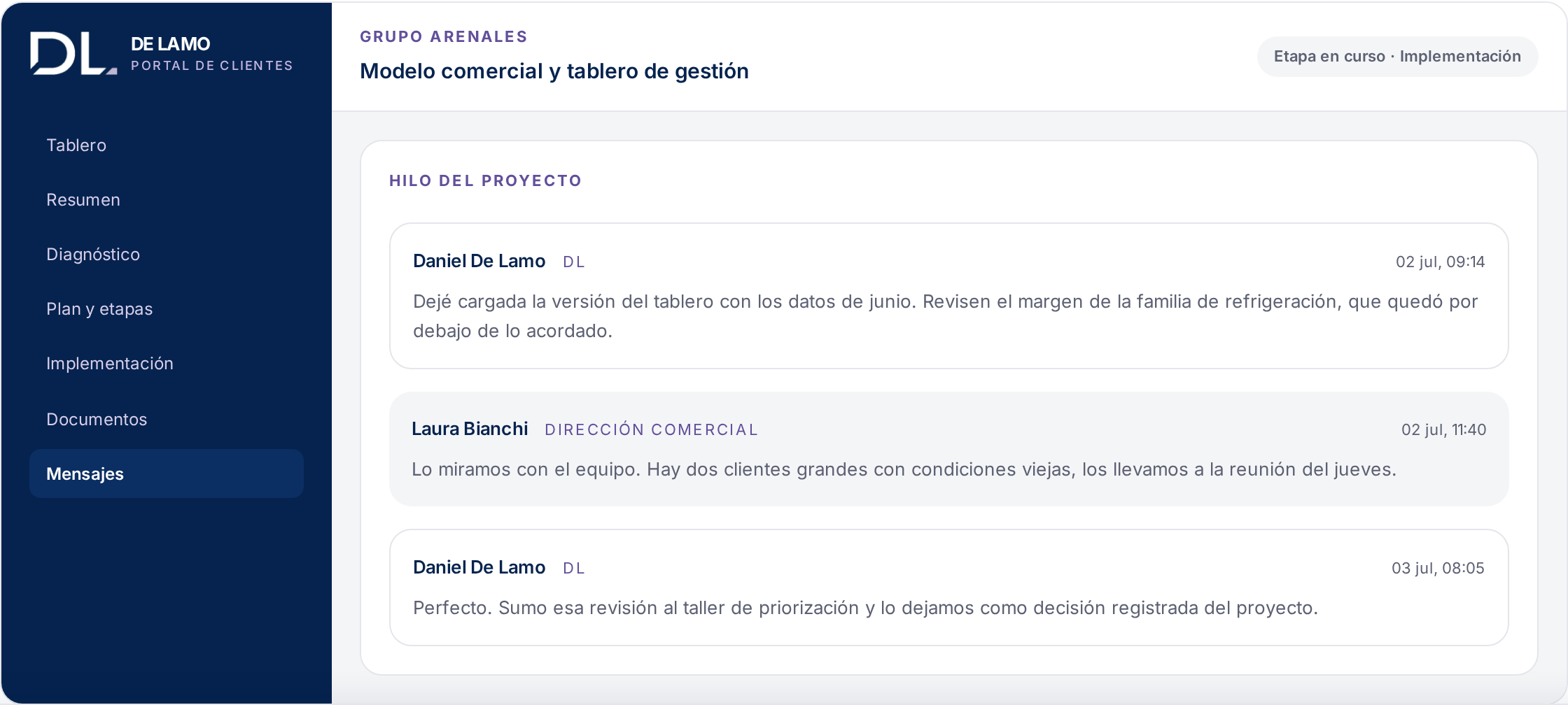 Pantalla de mensajes del portal, con el hilo de consultas y definiciones del proyecto.