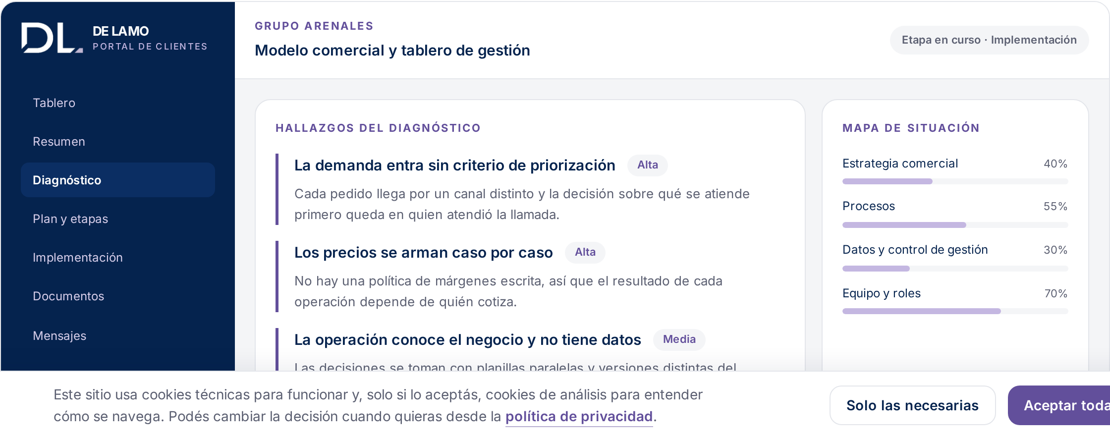 Pantalla de diagnóstico del portal, con los hallazgos priorizados y el mapa de situación por área.