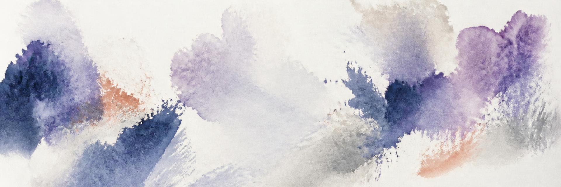 Pieza abstracta con florecidos de pigmento en lavanda, navy y un acento terracota