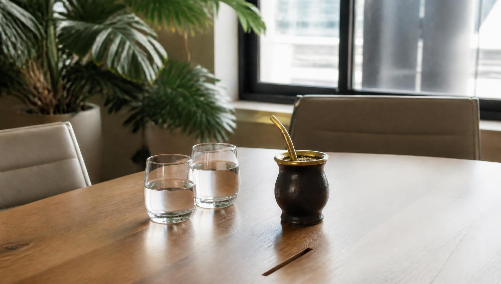 Mesa de madera de la oficina preparada para una conversación, con dos vasos de agua y un mate